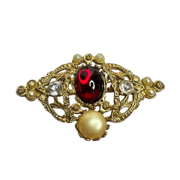 Vintage Red Gem Pearl Brooch Victorian Style Pin Gold Filigree with Crystals - Picture 1 of 7